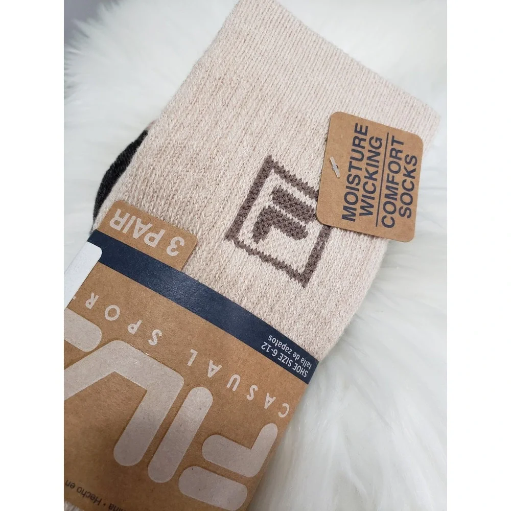 NEW FILA 3 PACK NEUTRAL CREW CUT SPORT SOCKS MOISTURE WICKING 6-12 MEN TAN BROWN